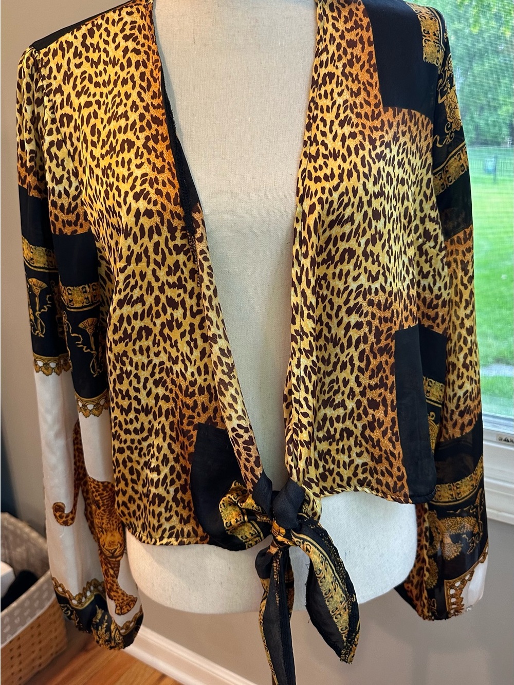 Boohoo Chain Print Leopard Tie-Front Blouse Silky Shrug Scarf regal sz 12 animal
